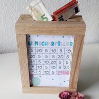 Wunscherfüller PDF für Sparbox von easy-sticks, kreatives Sparschwein mit Geldscheinen, ideal für Kinder und als Geschenkidee für Mädchen.