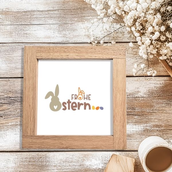 Gestaltete Osterkarte mit dem Schriftzug 'frohe Ostern' von Easy-Sticks. Diese dekorative Idee ist perfekt für die Osterzeit und verleiht Ihrem Zuhause einen fröhlichen Touch.