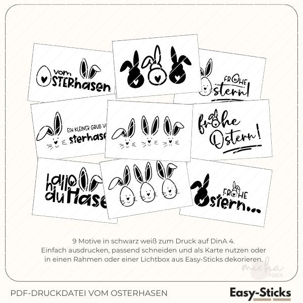 Schwarz-weiße Ostermotive von Easy-Sticks für kreative DIY-Projekte. Diese PDF-Druckdatei enthält 9 verschiedene Designs, die perfekt für Osterkarten und Dekorationen sind.