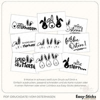 Schwarz-weiße Ostermotive von Easy-Sticks für kreative DIY-Projekte. Diese PDF-Druckdatei enthält 9 verschiedene Designs, die perfekt für Osterkarten und Dekorationen sind.