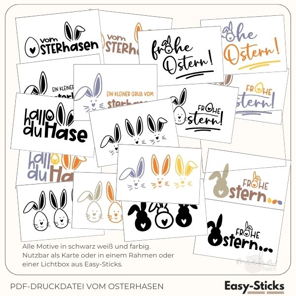 Vielzahl an Motivkarten für Ostern in schwarz, weiß und bunt von Easy-Sticks. Diese PDF-Druckdatei bietet 9 kreative Designs für Laternen, Lichtboxen und Karten, ideal für Ihre Bastelprojekte.