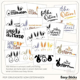 Vielzahl an Motivkarten für Ostern in schwarz, weiß und bunt von Easy-Sticks. Diese PDF-Druckdatei bietet 9 kreative Designs für Laternen, Lichtboxen und Karten, ideal für Ihre Bastelprojekte.