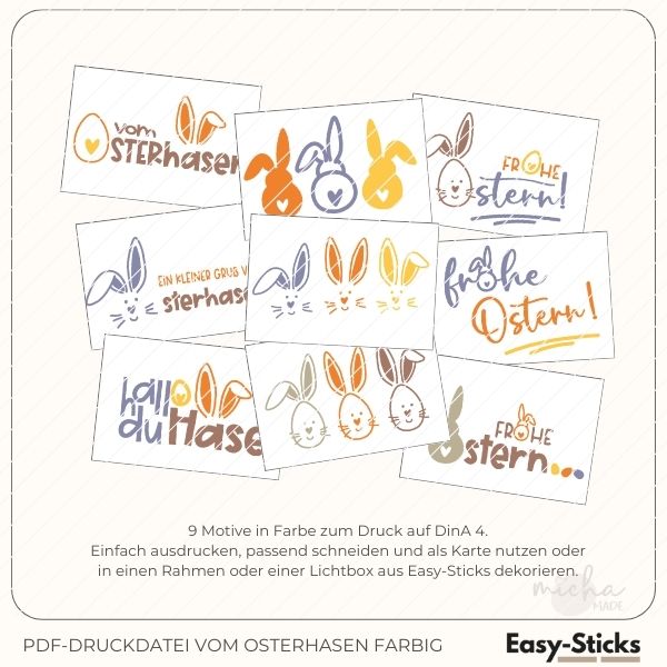 Bunte Ostermotive von Easy-Sticks für Frühlingsdekorationen. Die PDF-Druckdatei beinhaltet 9 farbenfrohe Designs für Ihre Osterkarten und Lichtboxen.