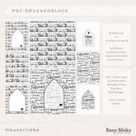 PDF-Druckvorlage von Easy-Sticks, umfasst 8 Schwarz-Weiß-Motive für Laternen und Lichtboxen mit dem Titel 'Home - Zuhause PDF Datei für Laterne, Lichtbox, und für die Silikonform 4 in 1 Haus in schwarz/weiß'. Ideal für kreative DIY-Projekte.