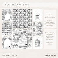 PDF-Druckvorlage von Easy-Sticks, umfasst 8 Schwarz-Weiß-Motive für Laternen und Lichtboxen mit dem Titel 'Home - Zuhause PDF Datei für Laterne, Lichtbox, und für die Silikonform 4 in 1 Haus in schwarz/weiß'. Ideal für kreative DIY-Projekte.