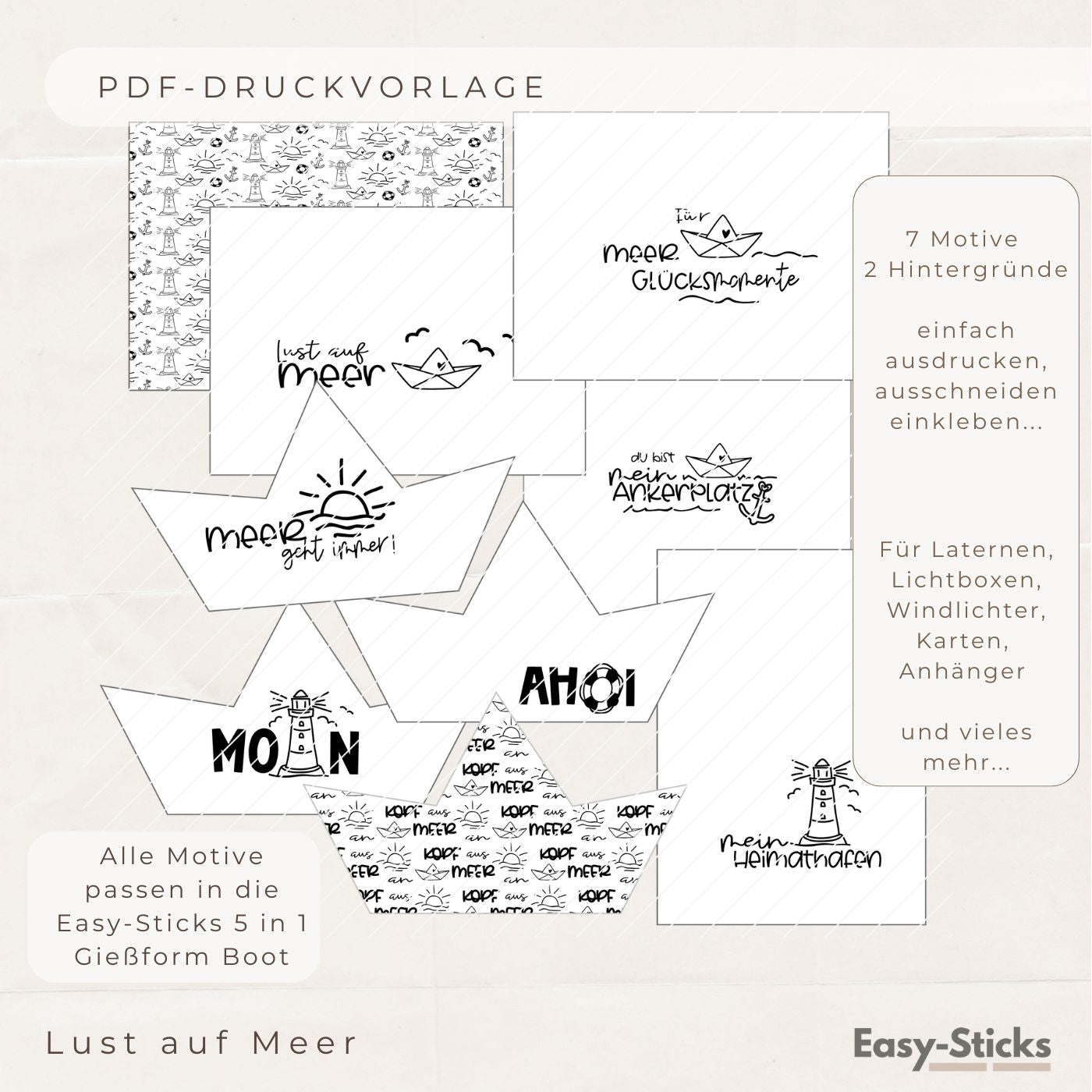 Kreative PDF Druckvorlage "Meer" von Easy-Sticks mit 7 vielseitigen Motiven für Bastelprojekte. Ideal für Laternen, Lichtboxen und Dekorationen. Entdecke Sprüche wie "Lust auf Meer" und "Moin" in stilvollem schwarz-weiß.