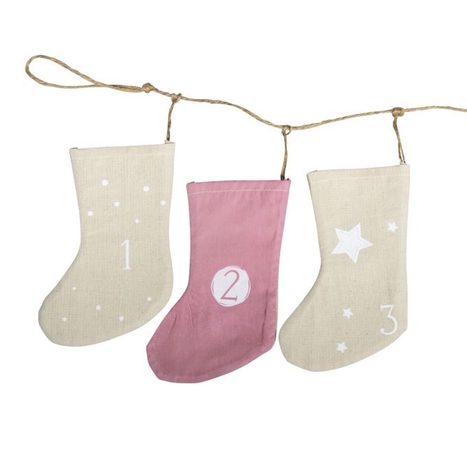 Selbstbefüllbare Adventskalender Mit 24 Weihnachtsstrümpfen An 220 Cm Schnur, 6 x 15 cm rosa beige
