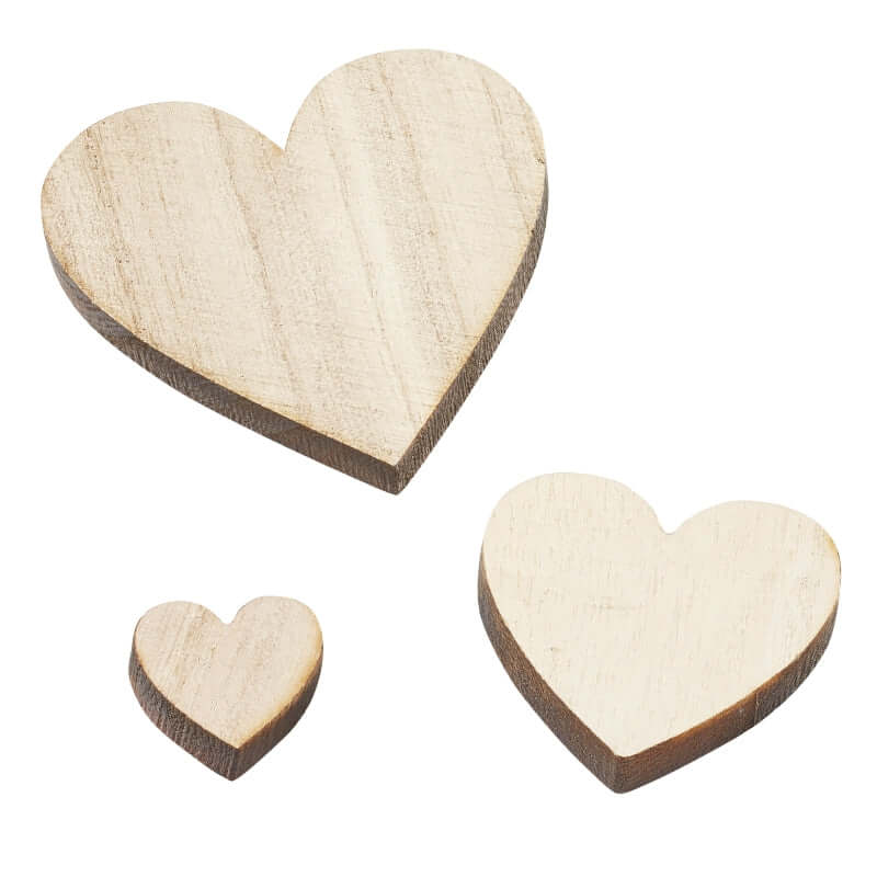 Dekorative Holzherzen von easy-sticks in zwei Größen: 2,4 cm und 4,8 cm, ideal für kreative Dekorationsideen.