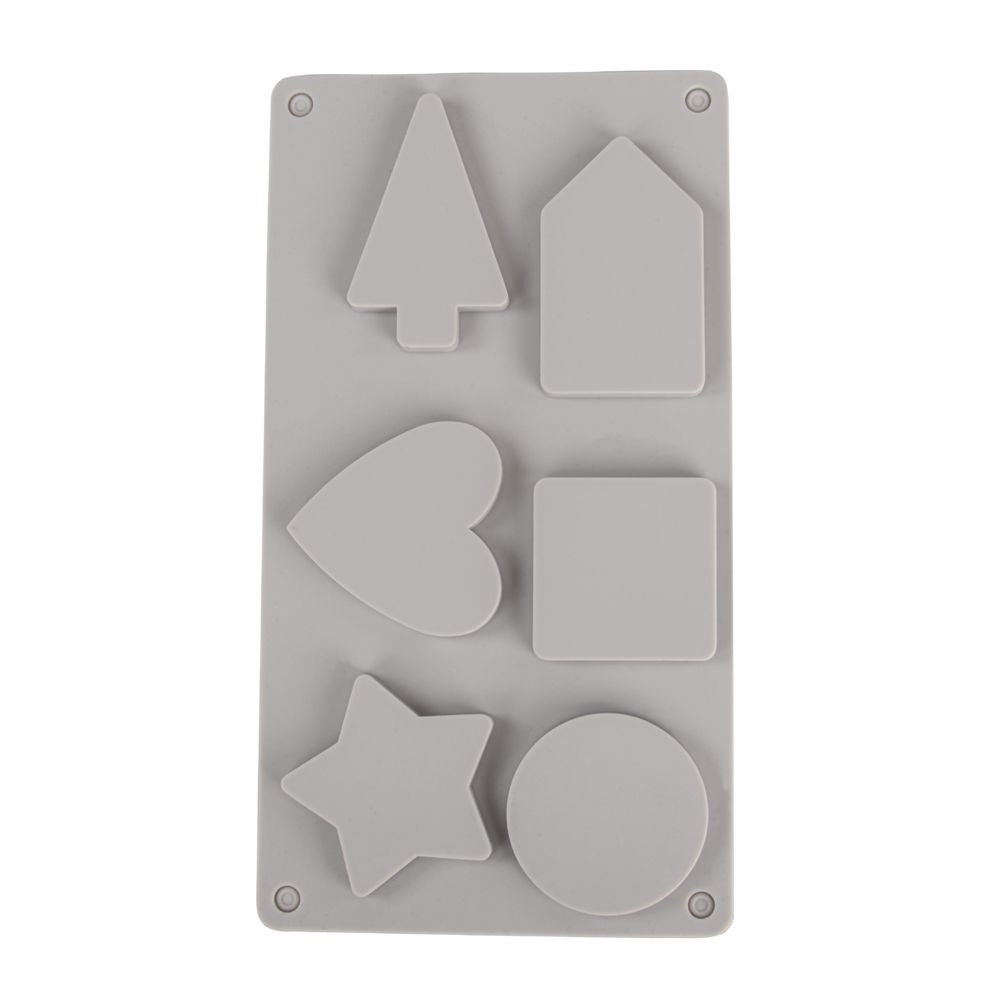 Detailansicht der Silikonform Deko-Formen von easy-sticks mit 6 unterschiedlichen Motiven: Herz, Stern, Kreis, Quadrat, Baum und Haus.