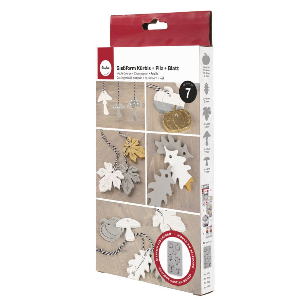 Rayher Silikon Gießform Kürbis, Pilz, Blatt von easy-sticks, ideal zur Herstellung von herbstlichen Deko-Anhängern aus Beton oder Gießharz. Mit verschiedenen Motiven, perfekt für kreative Bastelprojekte.