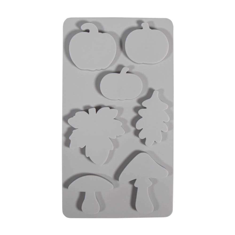 Silikon-Gießform von easy-sticks mit verschiedenen herbstlichen Motiven wie Kürbis, Pilz und Blatt. Ideal für kreative Deko-Anhänger zum Gießen mit Beton oder Harz.