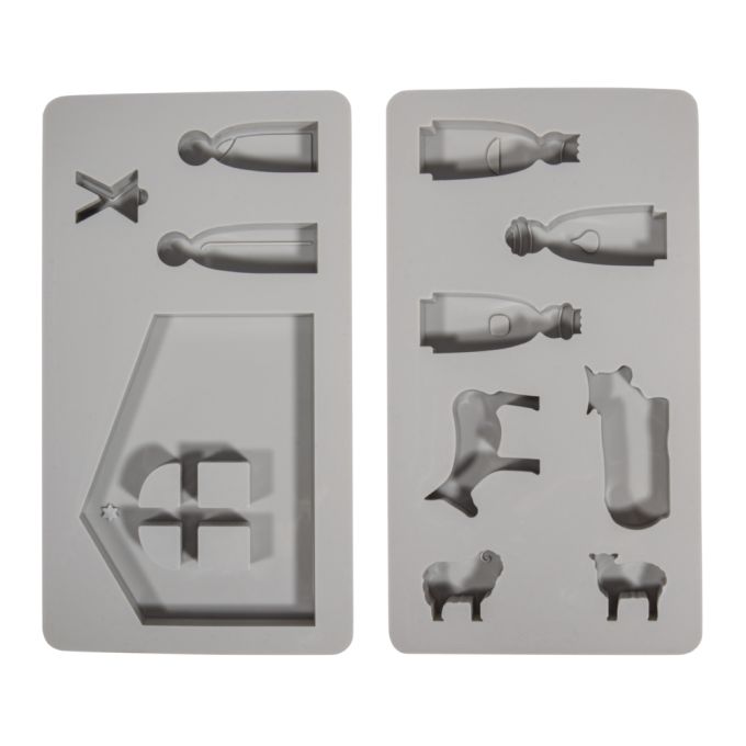 Zwei Teilige Silikon Gießform Krippe von easy-sticks, die 11 individuelle Motive wie eine Krippe, Hüter und Tiere zeigt. Perfekt für kreative Bastelprojekte und einzigartige Weihnachtsgeschenke.