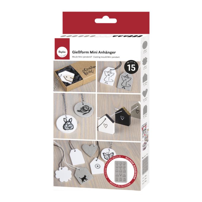 Verpackung der Silikon Gießform Mini-Anhänger von easy-sticks, die verschiedene Anhängerformen zeigt, ideal zum Ausgießen für kreative Projekte.