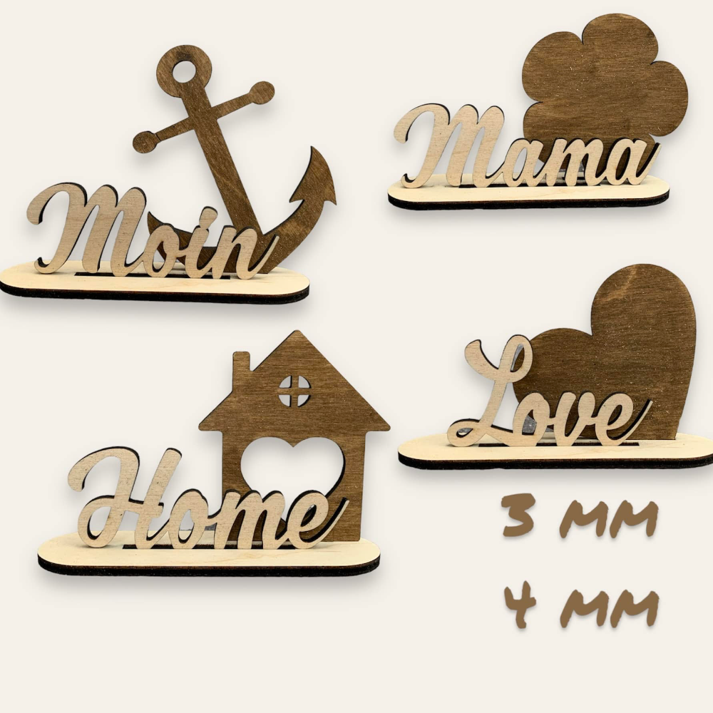 Kreative Holz Ausstecher von easy-sticks, bestehend aus 3 & 4mm Designs mit den Motiven 'Moin', 'Mama', 'Home' und 'Love', ideal für DIY-Projekte.