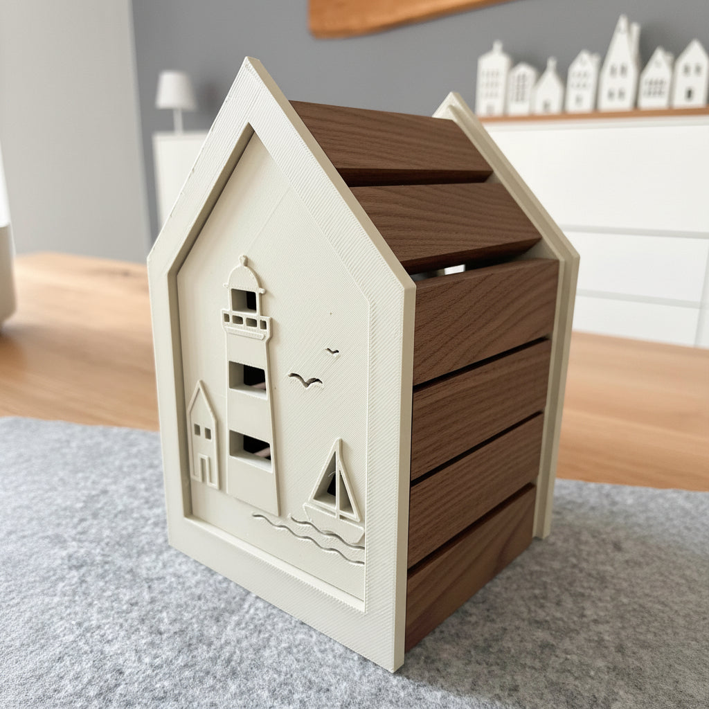 Maritimes Haus mit Leuchtturm, Segelboot, Haus – 3D-Druckdatei (STL)