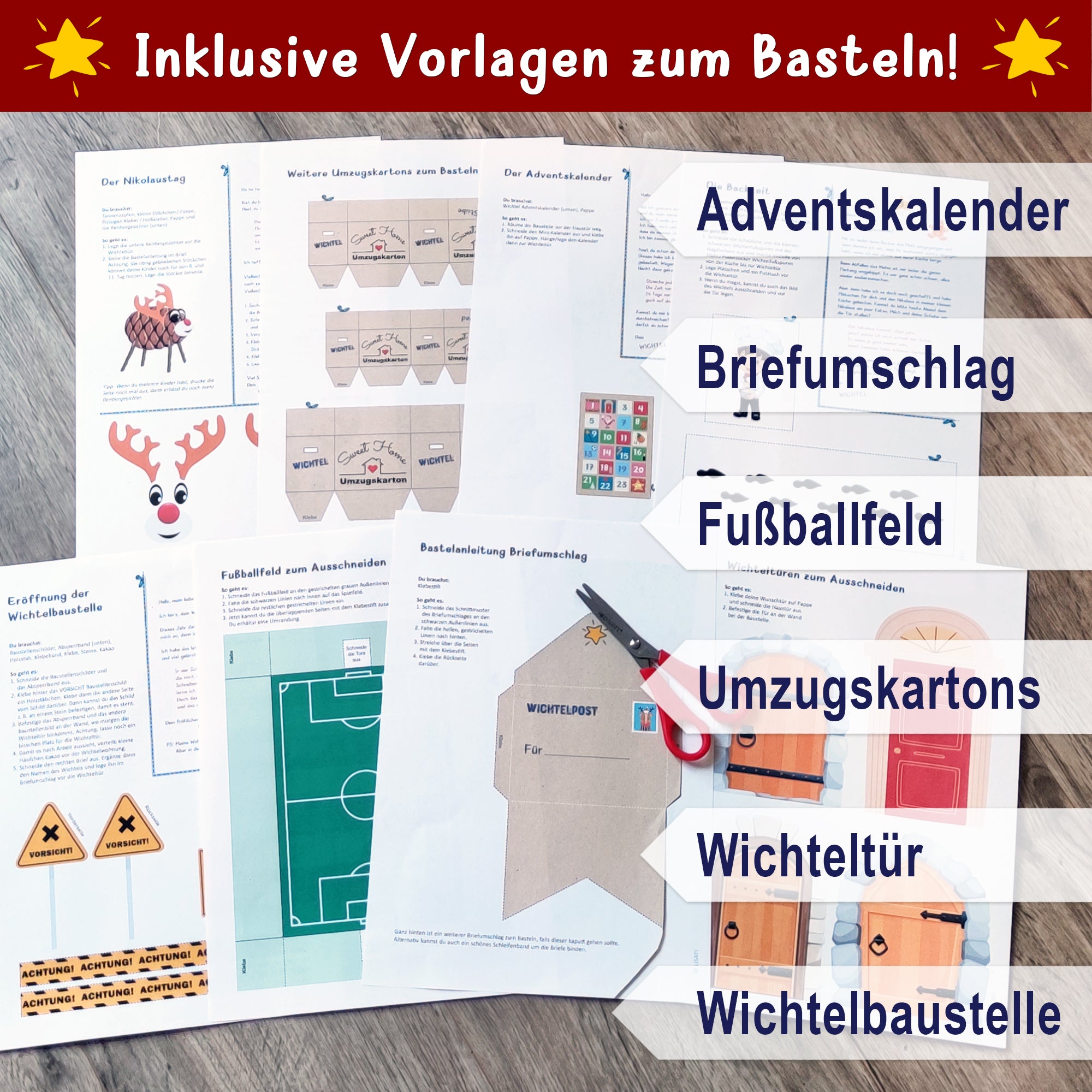 Bastelvorlagen und Anleitungen für den Adventskalender, Wichtelbriefe mit Zubehör von easy-sticks – 27 Abenteuer-Briefe für ein magisches Wichteljahr zu Weihnachten.