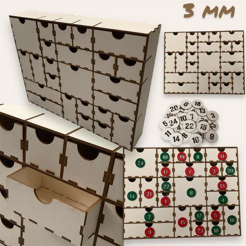 3mm 24 Schubladen Kästchen Adventskalender Laserdatei