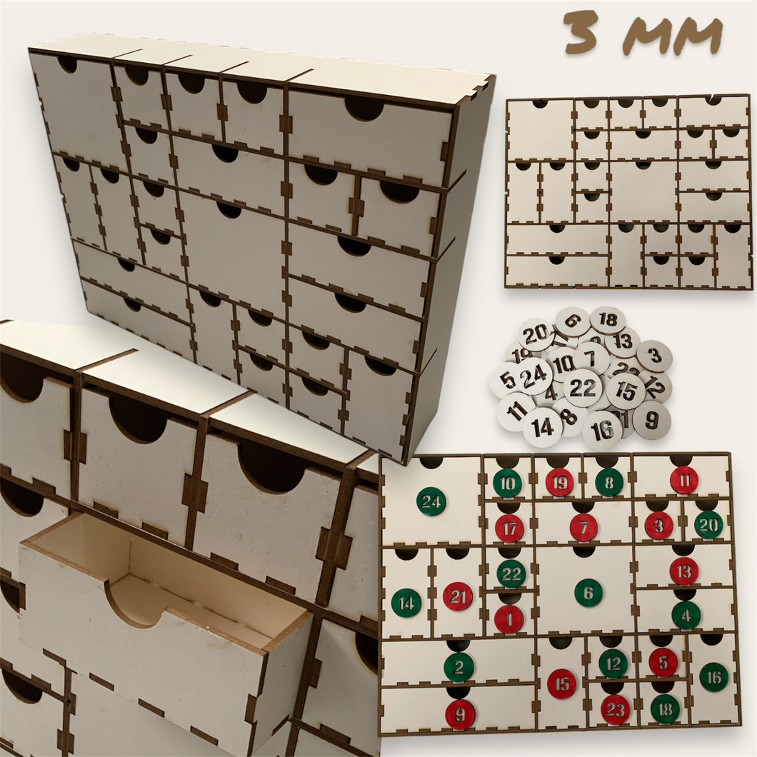 3mm 24 Schubladen Kästchen Adventskalender Laserdatei