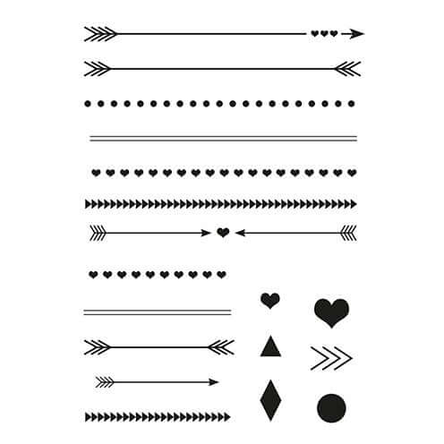 Stempel Clear von easy-sticks mit Pfeilen, Linien und geometrischen Formen. Der transparente Stempel im A7 Format bietet 18 teiliges Design für kreative Projekte.