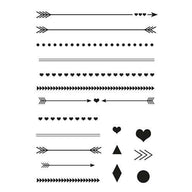 Stempel Clear von easy-sticks mit Pfeilen, Linien und geometrischen Formen. Der transparente Stempel im A7 Format bietet 18 teiliges Design für kreative Projekte.