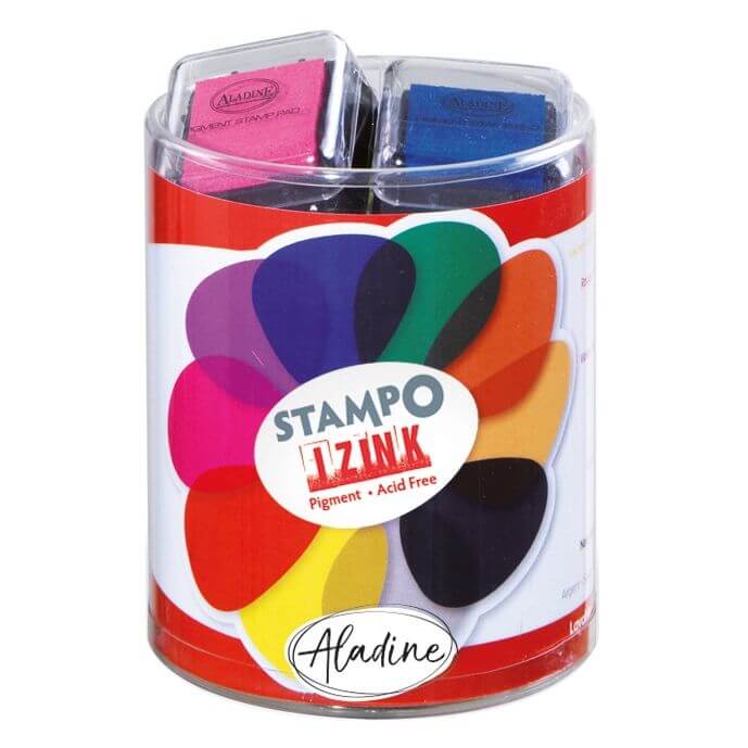 STAMPO Scrap von easy-sticks: eine transparente Verpackung mit bunten Pigment-Stempelkissen in Farben wie Gelb, Rot, Pink, Violett, Blau, Grün, Kupfer, Gold, Schwarz und Silber.