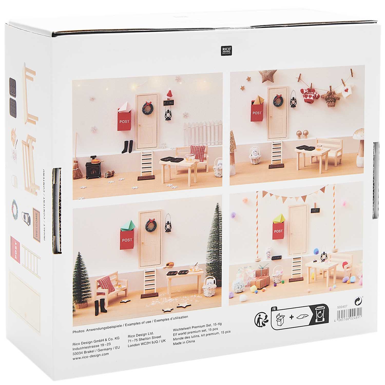 Wichtelwelt Zubehör Set, 15-teiliges Premium Set Mit Wichteltür, Wichtelbriefkasten Wichtel Bank Wichtel Korb Backblech Fußmatte Tisch Leiter Türkranz Laterne Wichteltür aus Holz 