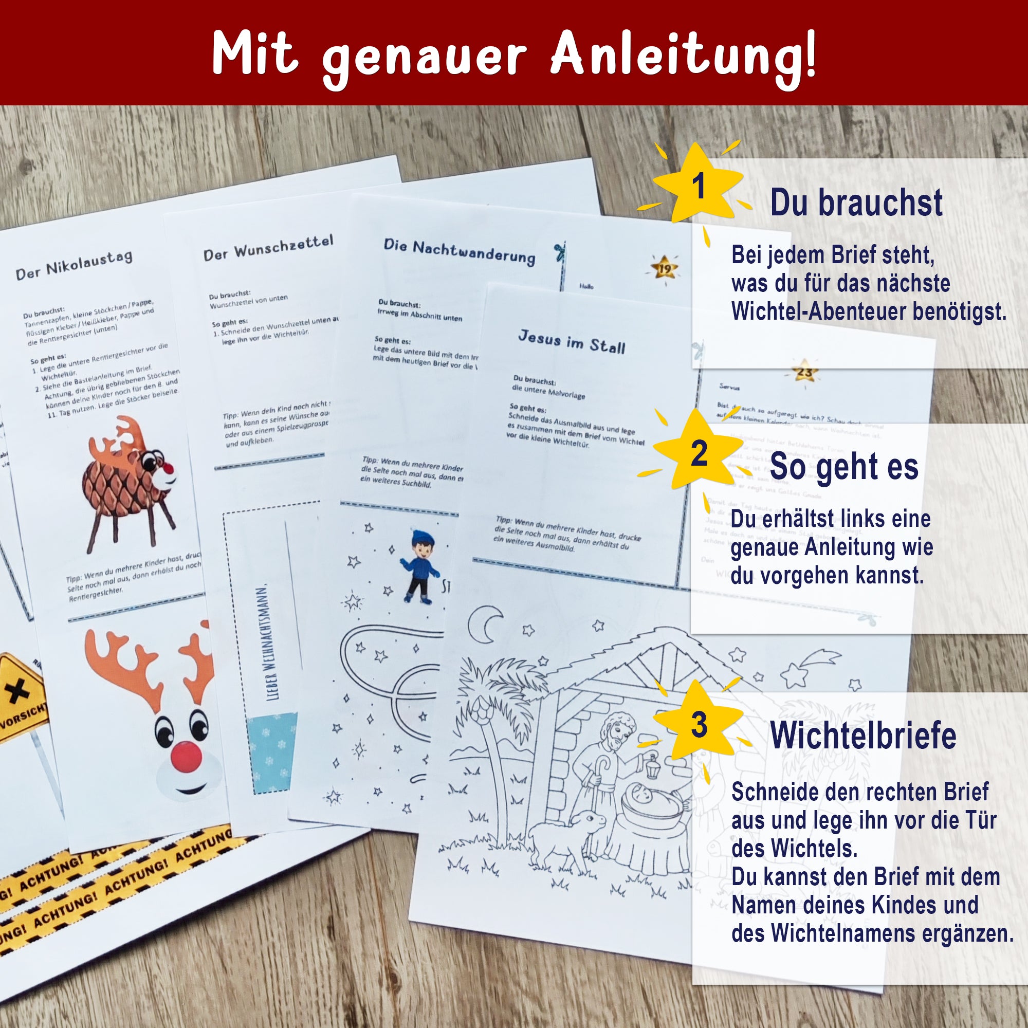 Genauer Leitfaden für die Wichtelbriefe mit Zubehör von easy-sticks, inklusive Bastelanleitungen für kreative Abenteuer.