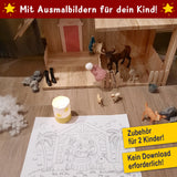 Ausmalbilder und Bastelmaterialien für Kinder integriert in eine festliche Kulisse – Wichtelbriefe mit Zubehör von easy-sticks.