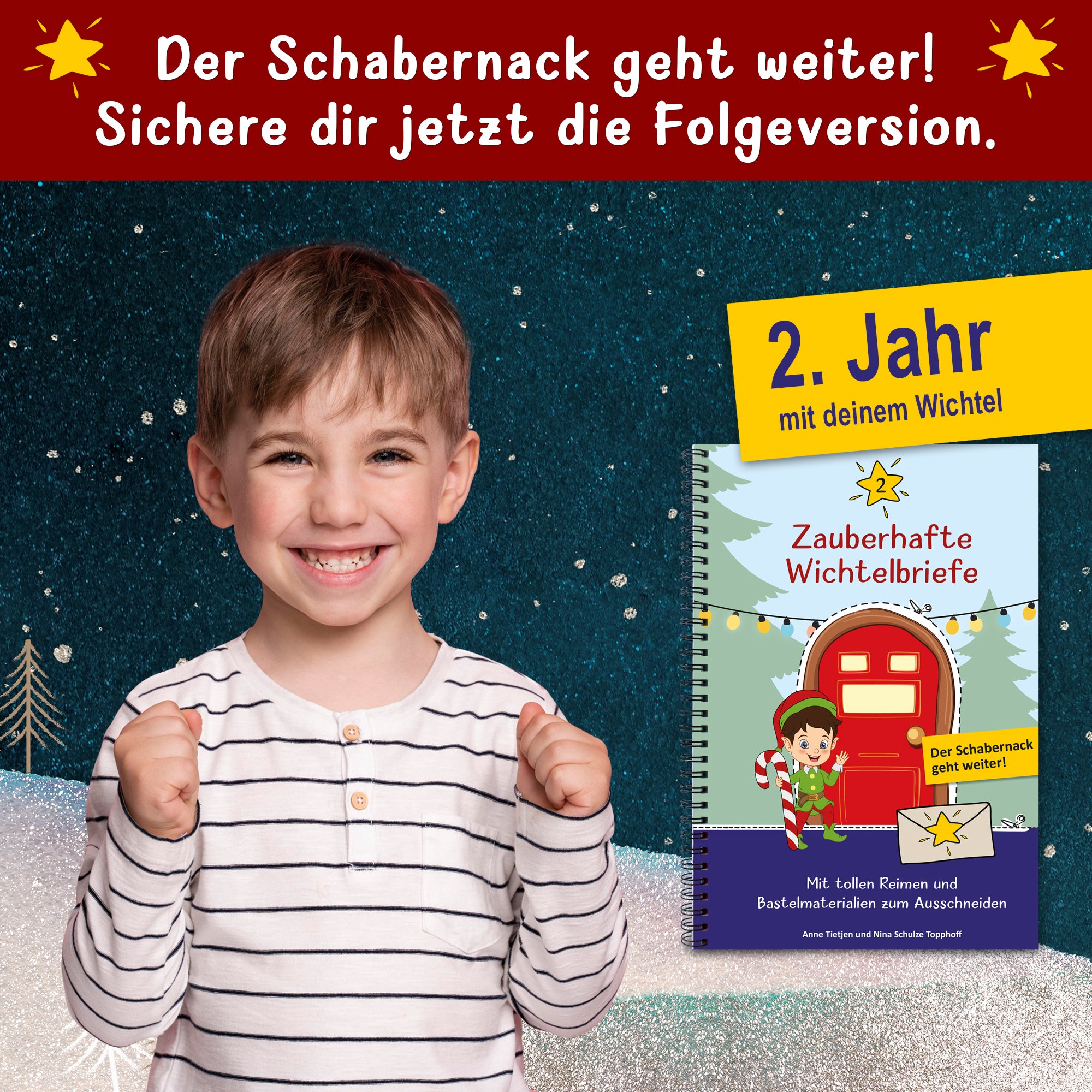 Ein fröhlicher Junge mit einem breiten Lächeln zeigt begeistert seine Hände, während er im Hintergrund von einem glitzernden, winterlichen Szenario umgeben ist. Im Vordergrund ist das Produkt 'Wichtelbriefe Mit Zubehör – 27 Abenteuer-Briefe für ein magisches 2. Wichteljahr zu Weihnachten' von easy-sticks abgebildet, das die Vorfreude auf die Adventszeit fördert.