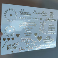Goldene Happy Birthday Rub On UV Sticker randlos A5 von easy-sticks, handgehaltene Aufkleber mit inspirierenden Geburtstagsnachrichten und Herzgrafiken.
