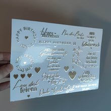 Lade das Bild in den Galerie-Viewer, goldene Happy Birthday Rub on UV Sticker randlos A5
