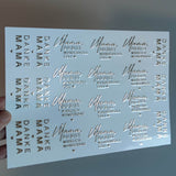 Elegante RUB ON UV Sticker in metallischem Gold von easy-sticks, die verschiedene liebevolle Sprüche für Mütter zeigen, perfekt für individuelle Bastelarbeiten.