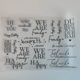 Transparente Rub-On Sticker von easy-sticks - 'We are Family'-Design in A5, ideal für feierliche Anlässe und persönliche Projekte.