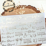 Rub on UV Sticker randlos Gold Ostern A5 von easy-sticks, mit festlichen Ostermotiven und goldener Schrift auf hellem Hintergrund. Enthält verschiedene Designs wie Schmetterlinge, Hasen und Frühlingsgrüße.