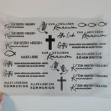 Rub on UV Sticker randlos Kommunion von easy-sticks, zeigt eine Vielzahl von Aufklebermotiven und Sprüchen zur Kommunion in Schwarz auf transparentem Hintergrund.