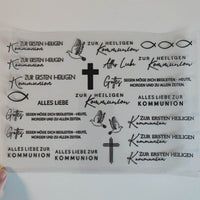 Rub on UV Sticker randlos Kommunion von easy-sticks, zeigt eine Vielzahl von Aufklebermotiven und Sprüchen zur Kommunion in Schwarz auf transparentem Hintergrund.