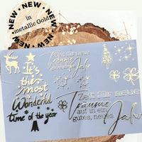 Rub on UV Sticker randlos A5 in metallic Gold von easy-sticks, kreative Weihnachtsmotive und Sprüche, perfekt für DIY-Projekte, wetterfest und kratzfest.