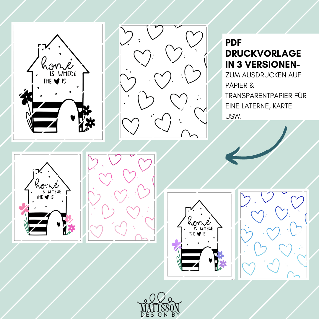 Schöne PDF Druckvorlage von easy-sticks für DIY Laterne mit Home-Motiv: "Home is where the heart is" in drei Varianten. Ideal für Bastelprojekte mit Herzen und einem einladenden Zuhause-Design.
