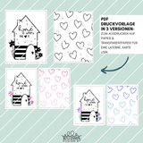Schöne PDF Druckvorlage von easy-sticks für DIY Laterne mit Home-Motiv: "Home is where the heart is" in drei Varianten. Ideal für Bastelprojekte mit Herzen und einem einladenden Zuhause-Design.
