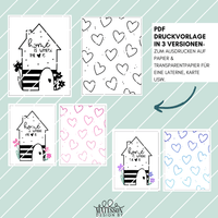 Schöne PDF Druckvorlage von easy-sticks für DIY Laterne mit Home-Motiv: "Home is where the heart is" in drei Varianten. Ideal für Bastelprojekte mit Herzen und einem einladenden Zuhause-Design.