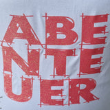 Weißes T-Shirt für Herren mit auffälligem roten Aufdruck 'ABENTEUER', entworfen aus der kreativen Laserdatei 'Abenteuer' von easy-sticks.