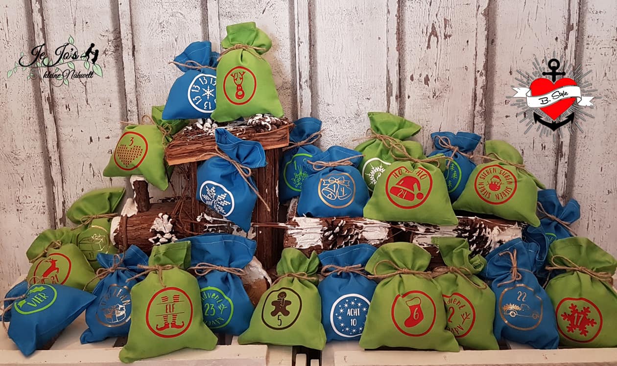 Bunte Adventskranz-Tüten mit ansprechenden Motiven für einen festlichen Countdown, kreativ geordnet, hergestellt für persönliche Projekte von Easy-Sticks mit der Adventskalender Plotterdatei.