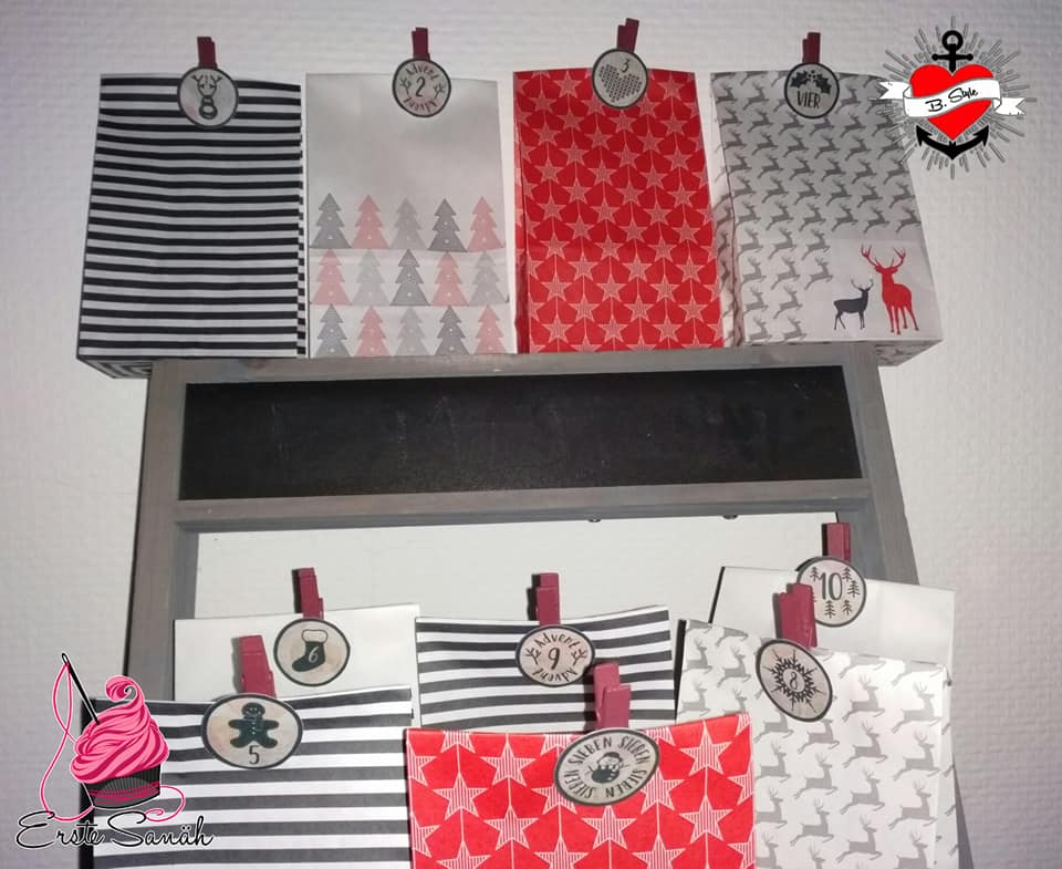 Geheimnisvolle Adventskalender-Tüten in verschiedenen Mustern, kreativ präsentiert mit Clips, perfekt für persönliche Überraschungen, von Easy-Sticks mit der Adventskalender Plotterdatei.
