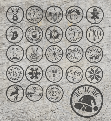 Dekorative Adventskalender-Plotterdatei von Easy-Sticks mit festlichen Zahlencircles und Symbolen für die Adventszeit, ideal für kreative DIY-Projekte.