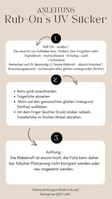 Anleitung für den Rub on UV Sticker randlos Winter A5 von easy-sticks, erläutert die einfache Anwendung und die starken Klebeeigenschaften dieser innovativen Sticker.