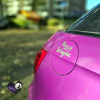 Detailansicht des Hecks eines lila Autos mit dem goldenen Aufkleber "Pussy Wagon" von easy-sticks, eine witzige und auffällige Deko-Idee. Auto Sprüche Plotterdatei.