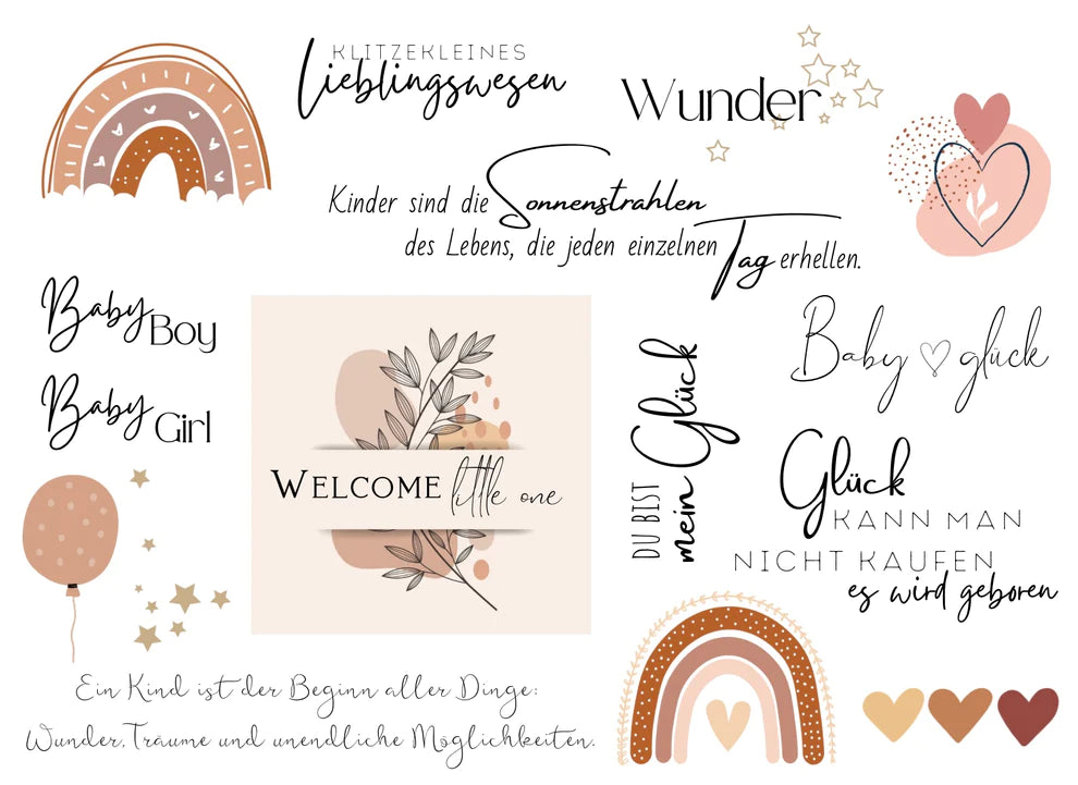 Bunte Rub Ons UV Sticker von easy-sticks, die kreative Motivideen mit Sprüchen für DIY Projekte anbieten. Ideal zur Verschönerung von Babyartikeln und Geschenken.
