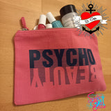 Stylische, rosa Kosmetiktasche mit dem Schriftzug 'PSYCHO BEAUTY' von easy-sticks, ideal für kreative Organisation und DIY-Projekte.