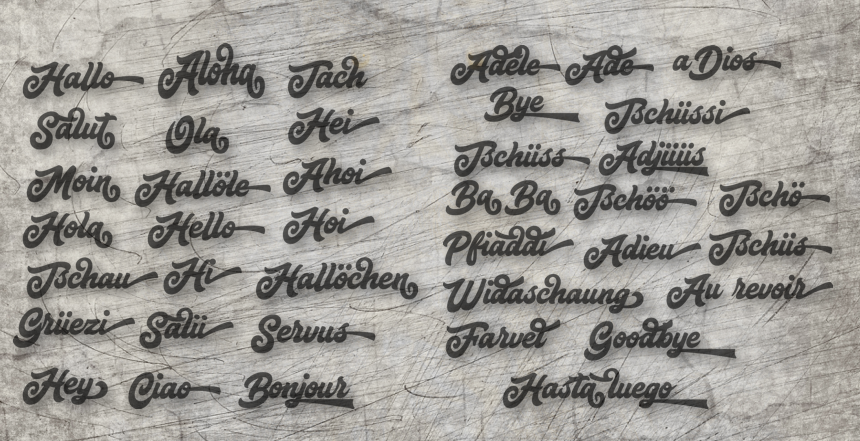 Gestaltung der Plotterdatei "Begrüßung und Abschied" von Easy-Sticks, die verschiedene Begrüßungs- und Abschiedsformeln in kreativen Schriftzügen zeigt. Ideal für DIY-Projekte.