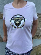 Beige T-Shirt mit dem Aufdruck "Muhviehstar", einem kreativ gestalteten Highlandrind, vertrieben von easy-sticks.